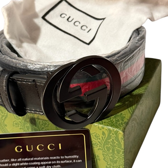 Gucci GG Supreme Web Stripe Belt Black Leather & Canvas Green Red Box & Dust Bag - Picture 4 of 11